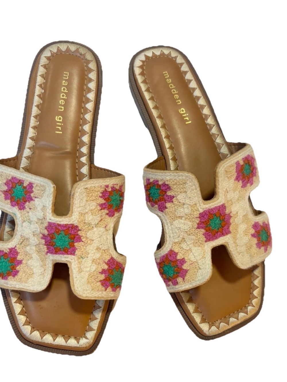 Madden Girl Cream Crochet Slide Sandals with Pink & Green Floral Motif